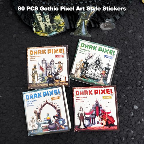 80 Pcs Pixel Art Gothic Fantasy Stickers for Scrapbooking | Knights, castles, alchemists, heraldic crests and ruins on water-resistant PET for journaling, collages and mixed media - color: Dark Pixels