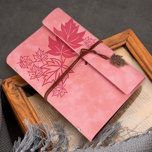 Journal Notebook for Women Men, Pink Leather Sketchbook Classic Spiral Bound Notebook with Unlined Kraft Paper Refillable Diary Travel Journals for Writing Ideal Gifts(Leaves,A5/Pink) - color: Pink