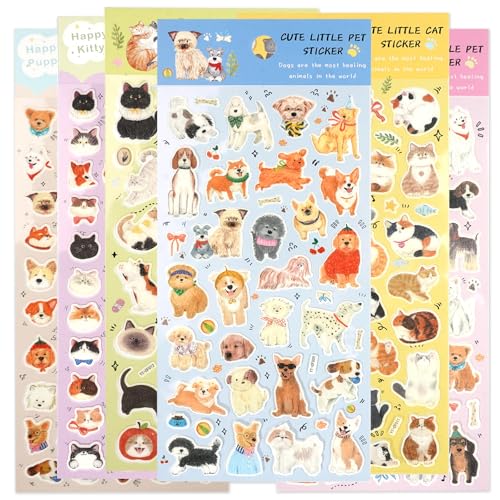 Cute Cat & Dog Washi Sticker Sheets for Scrapboooking & Journaling | 200+ Kawaii Kitties & Puppy Planner Stickers,6 Small Sheets for Adults Bullet Journals, Diariees , Stationery