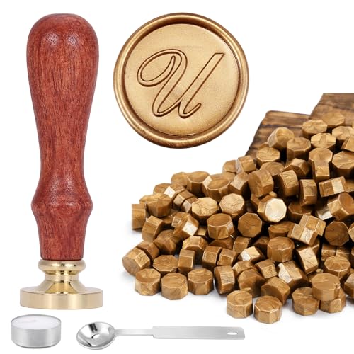 Yoption Handwriting Letter U Wax Seal Stamp Kit with Antique Gold Wax Beads - color: U