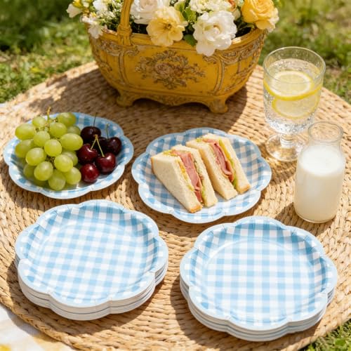 JarThenaAMCS 60 Pcs Light Blue Gingham Paper Plates Blue White Plaid Scalloped Disposable Plates 7 Inch Checkered Decorative Dessert Plate for Birthday Baby Bridal Shower Party Supplies - color: Light Blue, size: 7in