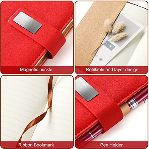 A5 Lined Leather Journal with Pen, 240 Pages Refillable Hardcover Notebook with Pocket and Magnetic Buckle, 80gsm Thick Daily Diary for Men and Women, Great Gift for Business Travel Personal - Red - color: Red, size: A5 Lined Paper