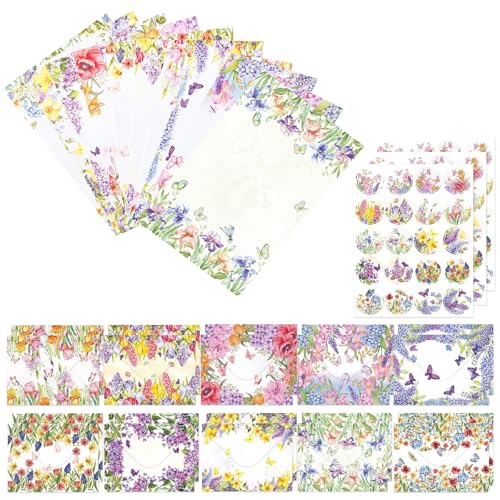 160 Pcs Stationery Paper Envelopes Set | Includes 50 Writing Paper & 50 Envelopes & 60 Stickers, Lovely Floral Letter Writing Stationery Paper Envelopes(10Style) - color: Wildflower 1