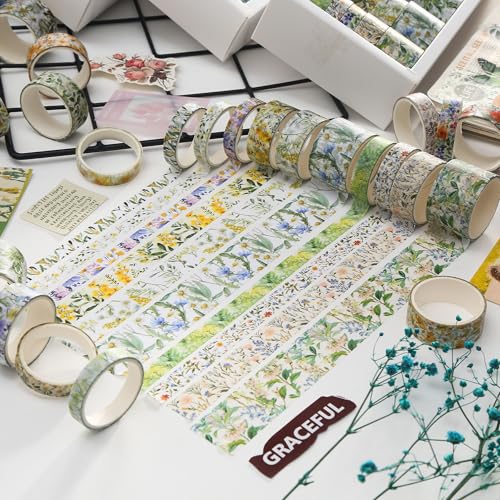 Floral Washi Tape Set 32 Rolls Vintage Flower Patterns Decorative Wide Blooms Masking Tapes for Arts, DIY Crafts, Journals, Planners, Scrapbook, Wrapping (Mountain Blossom) - color: Mountain Blossom