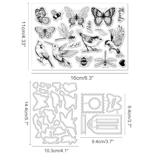 INFUNLY Bird Stamps & Dies - Butterfly, Insect & Leaves Die Cuts, Heart Silicone Stamps for DIY Scrapbooking & Embossing - color: Birds and Butterfly
