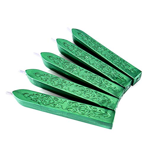 Yoption 5Pcs Metallic Green Sealing Wax Sticks with Wick for Wax Seal Stamp | Embossed Pattern Wax Sticks for Wedding Invitation, Christmas Card, Envelope, Snail Mail, Wine Package, Gift Wrapping - color: Metallic Green