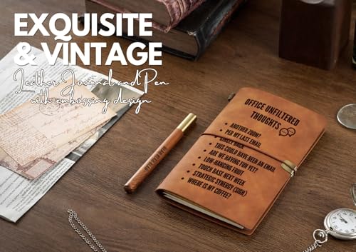 InnoBeta Funny Office Gifts Journal with Pen for Boss, Coworkers, Men, Women, Refillable Notebook, Sketchbook, Travel Diary, 7.8x5 Inches, Office Thoughts - color: Brown-Office Thoughts
