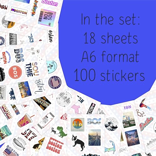 100Pcs Boston Sticker for Water Bottle and Laptop - City Souvenirs, Decorations & Gifts, Waterproof Vinyl Decals, Gifts for Women & Men - color: Boston Stickers