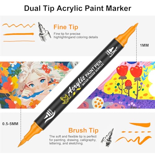 NICETY 128 Acrylic Paint Markers, Dual Tip Brush Paint Pens for Rock Painting, Wood, Glass, Stone, Canvas, Ceramic, Fabric - Fine & Brush Tip Water Based Acrylic Markers Pens - color: 128 Colors