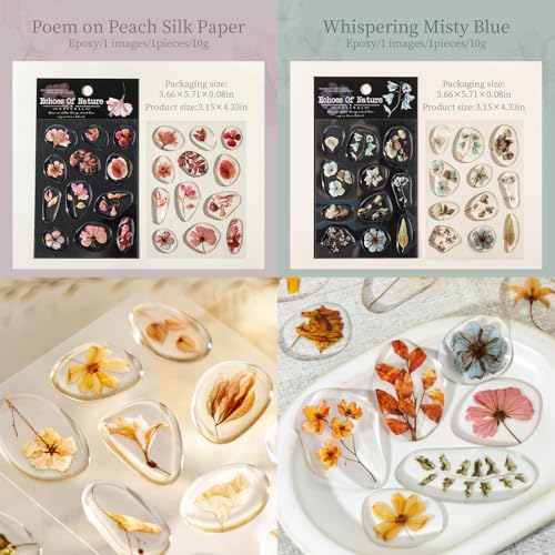 66 Pcs 3D Epoxy Dried Flower Stickers for Scrapbooking | Crystal Clear Amber-Like Resin Botanical, Raised Glossy Specimens for Junk Journaling, Card Making and DIY Art - color: The Echoes of Nature