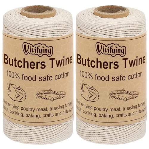 Vivifying Butchers Twine, 2pcs x 328 Feet 3Ply Cotton Bakers Twine, Food Safe Cooking String for Tying Meat, Making Sausage, Trussing Turkey, Roasting and Packing (Beige) - size: 2pcs×328feet/1mm