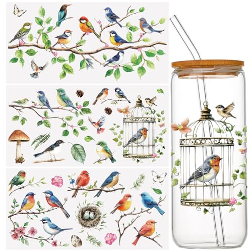 WANDIC 3 Sheets Transfer Stickers for Furniture,3D UV DTF Rub on Transfer Stickers for Craft Branch Bird Cup Warp Waterproof Scrapbook Decals Decorative for Cards Glass Wood DIY Crafts,15 * 30cm - color: Branch Bird
