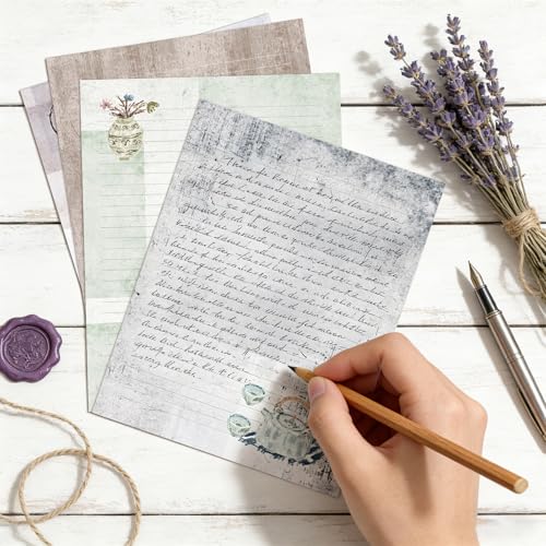 60 Writing Stationery Paper, Lined Stationery Paper for Writing Letter, Double Sided Vintage Letter Paper with Lines,100 GSM, 8.5x11 Inch, 4 Unique Design (Vintage) - style: Vintage