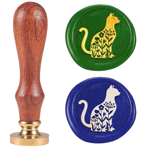 Wildflowers Cat Wax Seal Stamp 1" Vintage Animals Sealing Stamps Removable Brass Head Seal Stamp with Wooden Handle for Animal Lover Envelope Greeting Card Invitations Wine Gift Wrapping - style: Wildflowers Cat