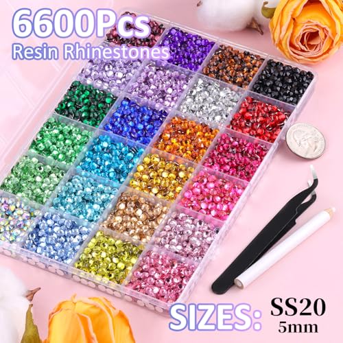 6600Pcs Resin Rhinestones for Bedazzling with Tweezers, Multicolor 5mm Rhinestones for Crafting with B7000 Jewelry Glue for DIY Crafts Clothing Tumblers Shoes Fabric Nail Art - color: 24 Colors Resin| 5mm, size: Large Pack with Glue