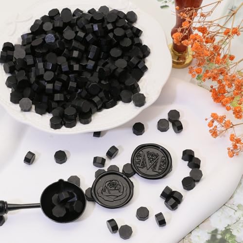 Sealing Wax Beads Kit,Atopbb 300pcs Black Wax Seal Beads,1pcs Wooden Wax Seal Warmer,1pcs Melted Spoon and 10pcs Tea Candles for Wax Sealing Stamp Kit (300, Black) - color: Black