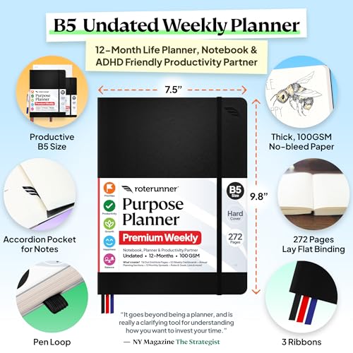 Roterunner Purpose Planner Notebook B5 7.5”x9.8” 12 Month Undated 2026 Daily Weekly and Monthly Productivity Goal Setting Tool for Work Home ADHD Planner for Adults Self Care Journa (Black) - color: Black
