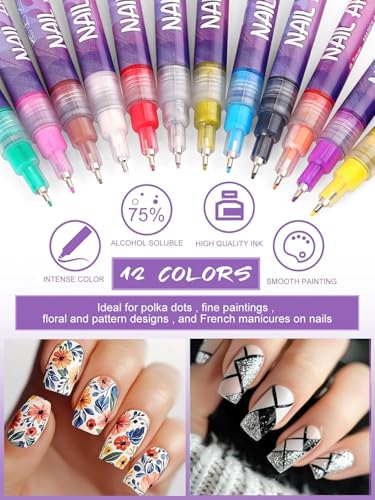 EBANKU 12 Colors Nail Art Pens Set, 3D 0.5MM Nail Polish Pens Graffiti Dotting Pen Quick-Drying Acrylic Nail Paint Liner Pen Tools for DIY Nail Art Manicure Tools - color: 12P