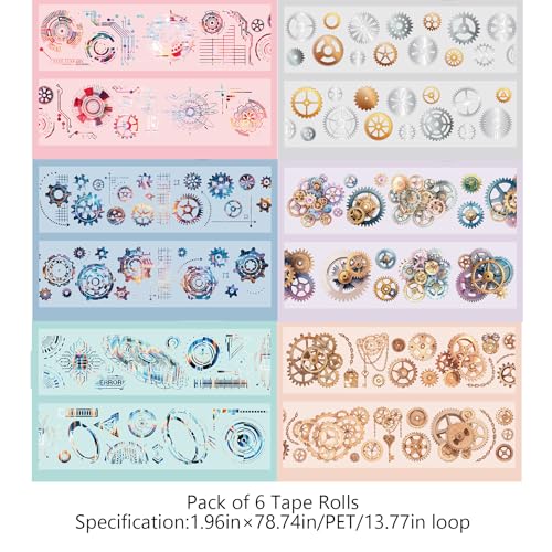 PET Tape Stickers for Journaling Supplies, Gears Journal Tape Stickers | 6 Rolls Colorful Holographic Circuit Journal Tape Stickers for Journaling, Scrapbooking, Junk Journal Supplies, DIY Crafts - color: Fantasy
