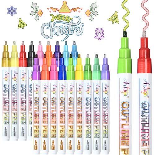 Artugn Double Line Markers, 18 Metallic Outline Pens, Silver & Gold - color: 18 Colors