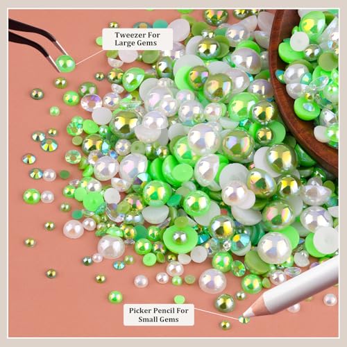 80g 3-10mm Flatback Pearls and Rhinestones for Bedazzling Kit (Green) - color: 80g Green