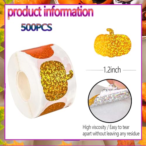 500Pcs Halloween Fall Thanksgiving Pumpkin Stickers Roll 1in Glitter Pumpkin Paper Decal 3 Orange Sparkly Sparkly Autumn Self-Adhesive Decorative Stickers for Party Supplies Envelope Journal Decor - color: Glitter Pumpkin