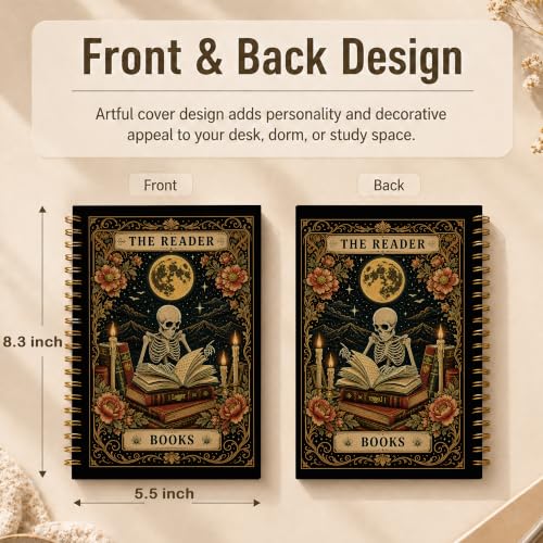 Gothic Skeleton Book Reader Spiral Notebook 5.5x8.3 Inch | Dark Academia Skull Reading Hardcover Lined Notebook Journal,Book Lover Gifts for Women - color: pattern-9