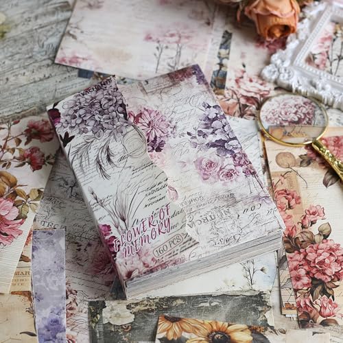 160 Sheets Vintage Flower Scrapbook Paper, Junk Journal Supplies, Purple Pink Flowers with Cursive Script No Repeating Perfect for Junk Journal DIY Cards Craft Albums Scrapbooking Supplies (Purple) - color: Purple