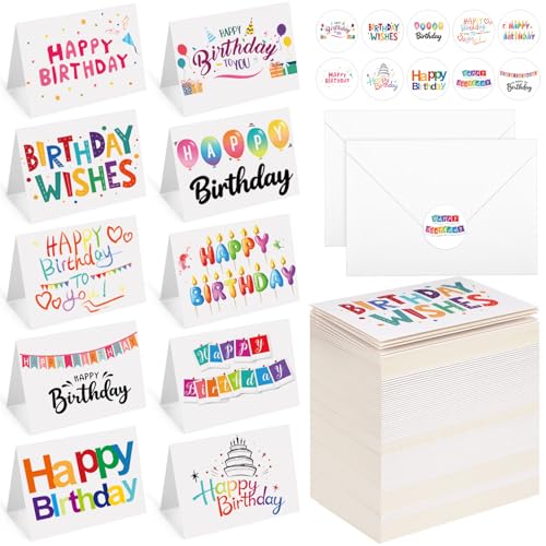 Gueevin 200 Pcs Happy Birthday Cards Bulk with Envelopes & Stickers, Lively - style: Lively and Adorable