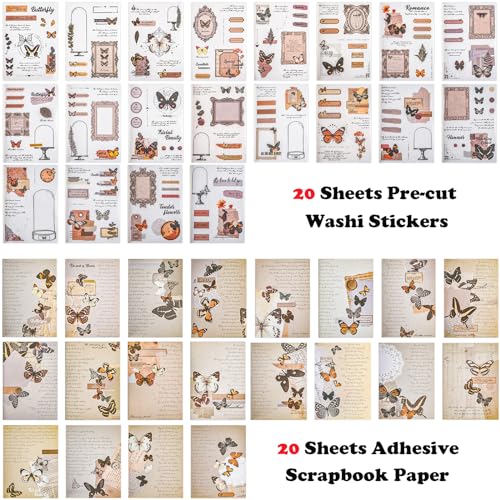 Sticker Book for Adults, 180pcs Vintage Washi Stickers for Journaling and 20 Sheets Adhesive Scrapbook Papers for Scrapbooking Aesthetic Butterfly Scrapboook Stickers for Bullet Junk Journal Supplies - color: Butterfly