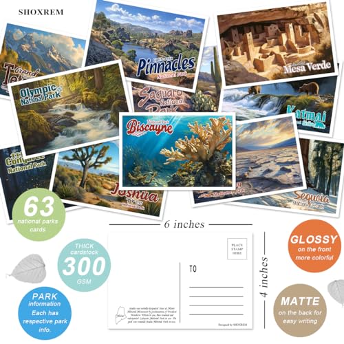 SHOXREM Retro National Parks Postcard Set: Vintage Travel Collage Collection Wall Decoration - Photorealistic Painting Print Illustrations of 63 National Parks, 6" W x 4" H
