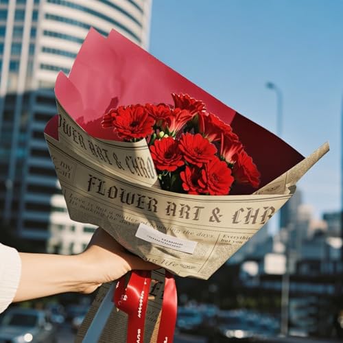 WRAPAHOLIC 20 Sheets Reversible Flower Wrapping Paper - 22 x 22 inch Retro Lettering and Red Water-Resistant Floral Bouquet Wrapping Paper, Florist Supplies Packaging Paper for Wedding Gift DIY - color: Lettering - Red