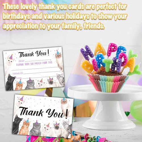 Cat Thank You Cards, Kitten Themed Fill In The Blank Thank You Card, Thank You Notes for Boys and Girls, Pet Birthday Party/Baby Shower Favors (20 Set of Cards with Envelopes) - B14 - color: Cat