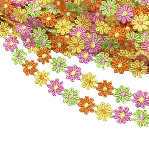 15 Yards Daisy Flower Lace Trim Embroidered Floral Lace Sewing Trim Ribbons for Embellishment Craft Dress Hair Accessories Decorations (Yellow/Pink/Green/Orange, 1" x 15 Yards) - color: Yellow/Pink/Green/Orange