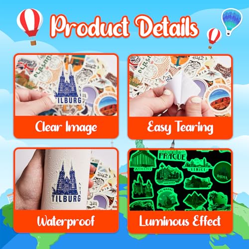 100 Pcs World Featured Architecture Sticker for Water Bottle, Adults Waterproof Vinyl Travel Map Laptop Decals, Girls Kids Teens Phone Case Vintage Aesthetic Stickers - color: World-ls028