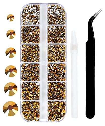 3792pcs Gold Crystal Flatback Rhinestones Glass Diamantes Round Gems for Crafts Nail, Makeup, Clothes, Mixed 6 Sizes with Wax Pencil and Tweezer Kit(SS6~SS20) - color: Gold