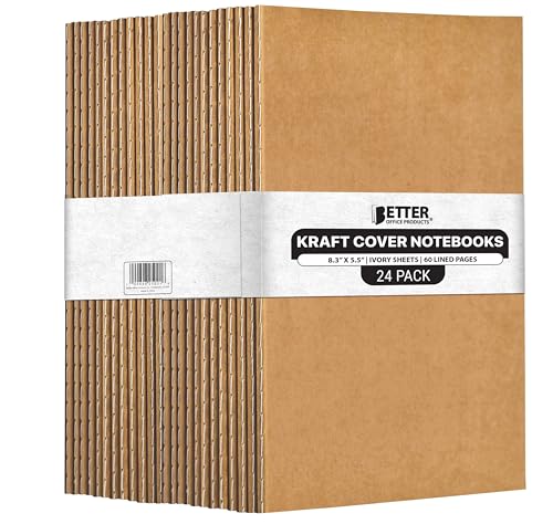 Better Office Products Kraft Notebooks with Lined Paper, 24 Pack, 8.3 in x 5.5 in, A5 Size, 60 Lined Ivory Pages, 80 gsm, Soft Cover Composition Notebooks, Stitched Spines, Kraft Travel Journals - style: 24 Pack