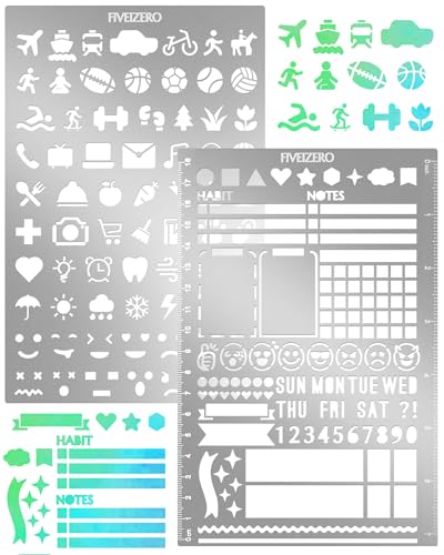 2 PCS Metal Journal Stencils, 5x7.5 Inch Stainless Steel Planner Stencil with Functional Designs & Emojis – Reusable Bookmark for Bullet Journaling, Mood Tracker, Calendar, Lists, Diary - color: Combo Style