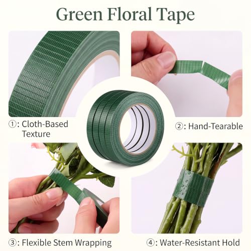 Prudiut 4 Roll Green Floral Tape Waterproof Florist Tape, 1/2" Wide Flower Wrap Tape Floral Tape Bulk for Fresh Flower Bouquet Wrap Flower Arrangements Crafts (98Ft/30Yd) - size: 4 rolls/0.5in