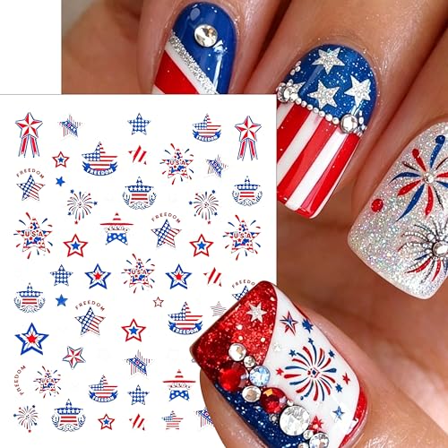 3 Pcs 4th of July Nail Stickers for Nail Art 3D Self Adhesive Independence Day Nail Art Stickers American Flag Star Fireworks Nail Decals Fourth of July Design Sticker Holiday Manicure Decor for Women - style: stars fireworks