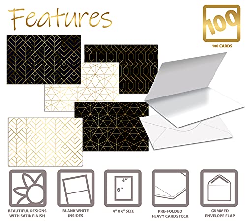 100-Pack All Occasion Greeting Cards, Assorted Blank Note Cards, 4 x 6 inch, 6 Elegant Gold Foil Geometric Designs, Blank Inside, by Better Office Products, with Envelopes, 100 Pack - size: 4" x 6"