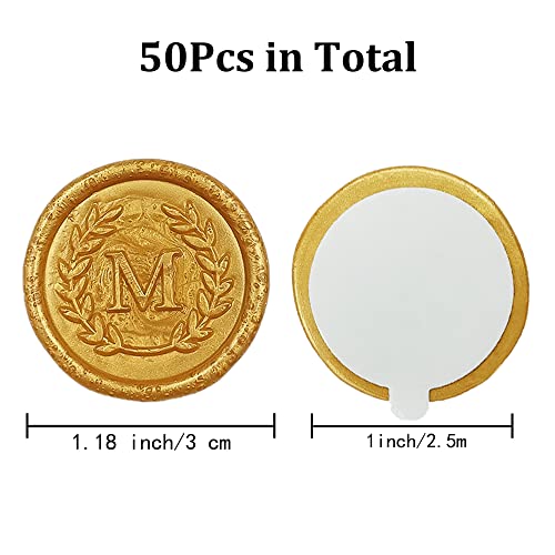 50Pcs Gold Letter M Adhesive Wax Seal Stickers, Hand-Made, No Need Seal Stamp, Tear and Use Wax Stickers for Wedding Invitations, Envelopes, Christmas Gift - color: Gold, size: M