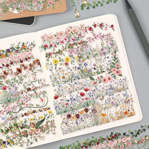 60PCS Watercolor Floral Vine PET Stickers Clear Waterproof Aesthetic Garden | Transparent Decals for Journals, Scrapbooking, Water Bottles, Laptops, Botanical Vine Designs, No Repeat, for Adults - style: Watercolor Floral
