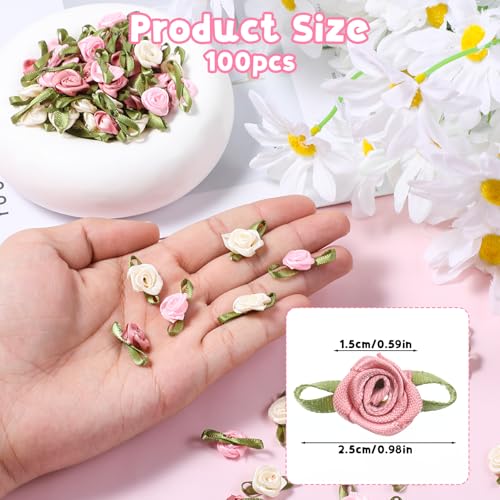 100 PCS 15mm Multicoloured Mini Rose Flowers, Satin Ribbon Bows Appliques, Mini Roses for Crafts, DIY Sewing Craft Accessories, Wedding Bride Gift Decoration, Fabric Ribbons