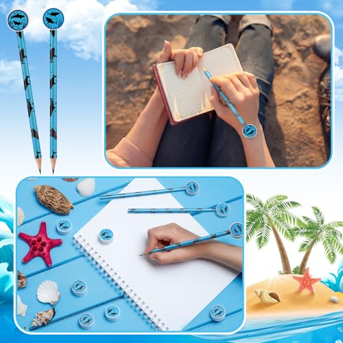 32 Pcs Summer Shark Pencil with Eraser Party Favors Gifts Shark Pen Goodie Bag Filler Under the Sea Theme Stationery Set for School Classrooms Exchange Reward Prize Home Office School Supplies - color: Blue, style: Summer Shark