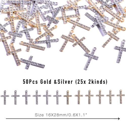 stino 40/50 Pieces Rhinestone Charms, Turtle Heart Bow Cross & Rhombus Jewelry Making Supplies, Silver & Gold Plated Crystal Pendants - style: Cross (50PCs)