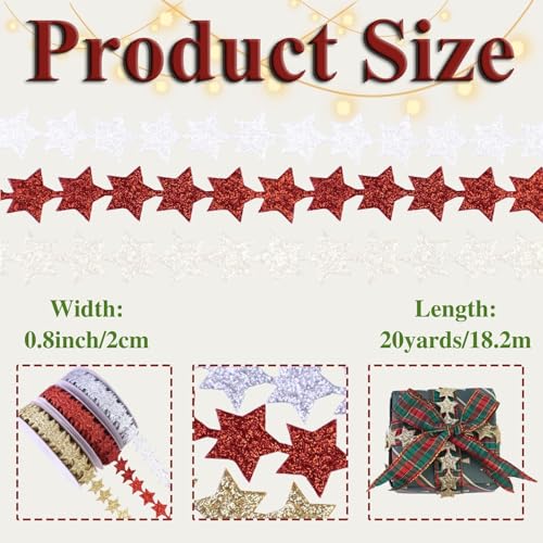 Glitter Star Ribbon Red Sparkly Star Ribbon Trim for Crafts Gift Wrapping Wreath DIY 1 Roll 20 Yards 0.8 Inch - color: Red