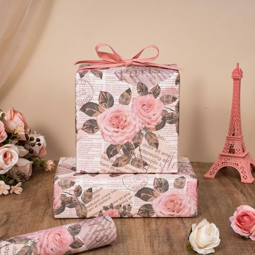 WRAPAHOLIC Kraft Vintage Floral Wrapping Paper Roll - Mini Roll - 17 Inch x 16.5 Feet - Retro Paris Rose Butterfly Newspaper Wrapping Paper for Birthday, Wedding, Anniversary, Bridal Shower - color: Kraft Newspaper - Paris & Floral