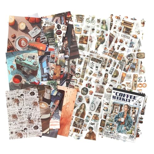 Pre-Cut Washi Sticker Book with 500+ Scrapbooking Stickers and 20 A5 Scrapbook Papers, Aesthetic Coffee and People Stickers for Journaling, Junk Journal Supplies for Adults Card Making, Art Crafts - color: Coffee Weekly