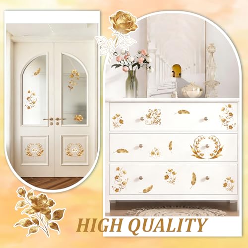 Rub On Transfers for Crafts, 3pcs Floral Foil Stamping Theme Transfers UV DTF Stickers Waterproof Decals Furniture for Wood Scrapbook Door Window DIY Home Decor - color: Golden Flowers